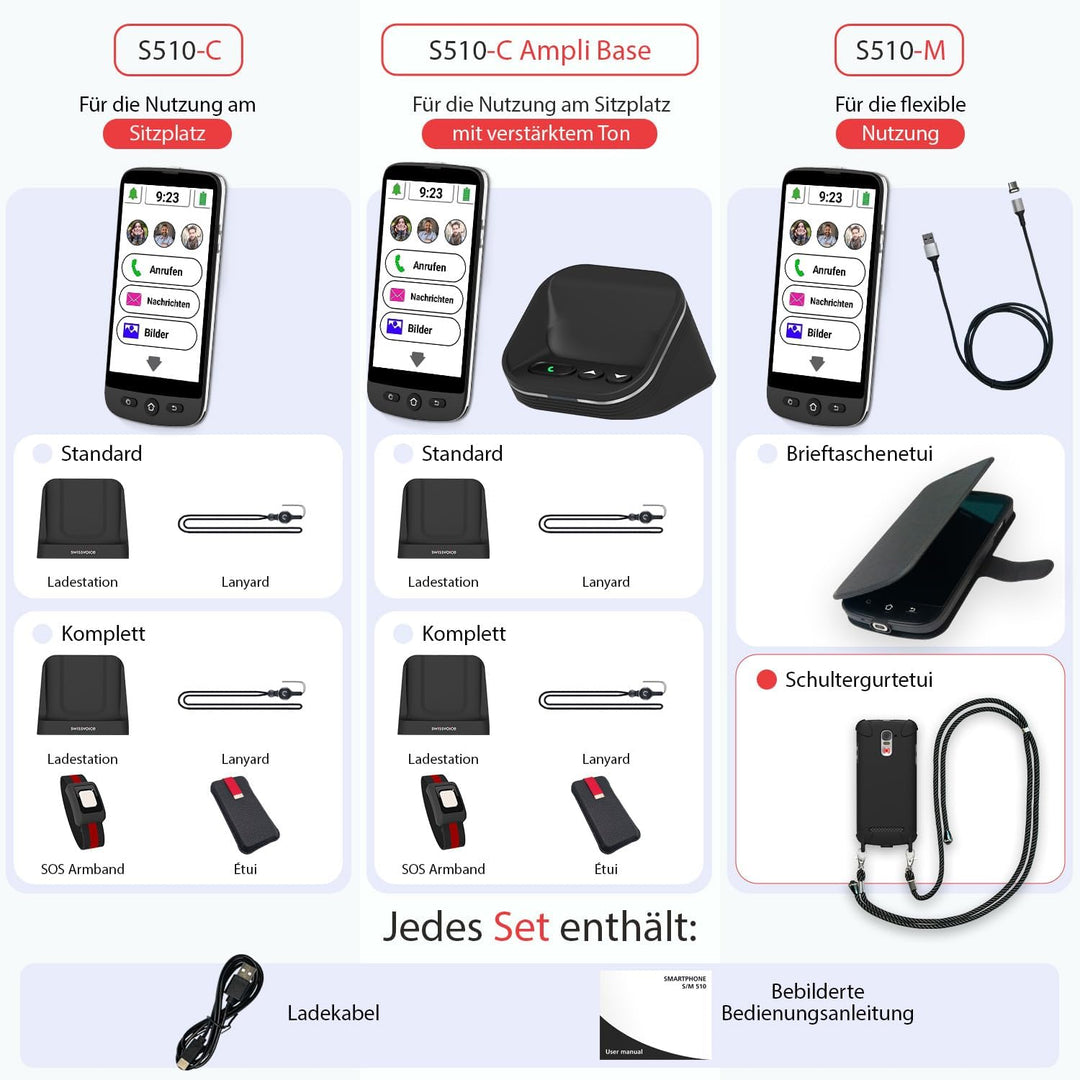 swissvoice - Smartphone S510-M + Magnetisches Ladekabel + Schutzhülle mit Band - Einfach zu bedienen