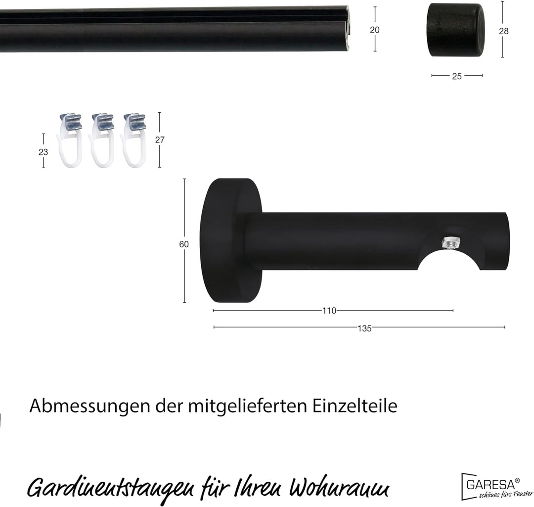 Garesa Gardinenstange Kea Ø 20mm, 1-läufig, Schwarz I Aluminium Vorhangstange inkl. Gleiter I Endkno