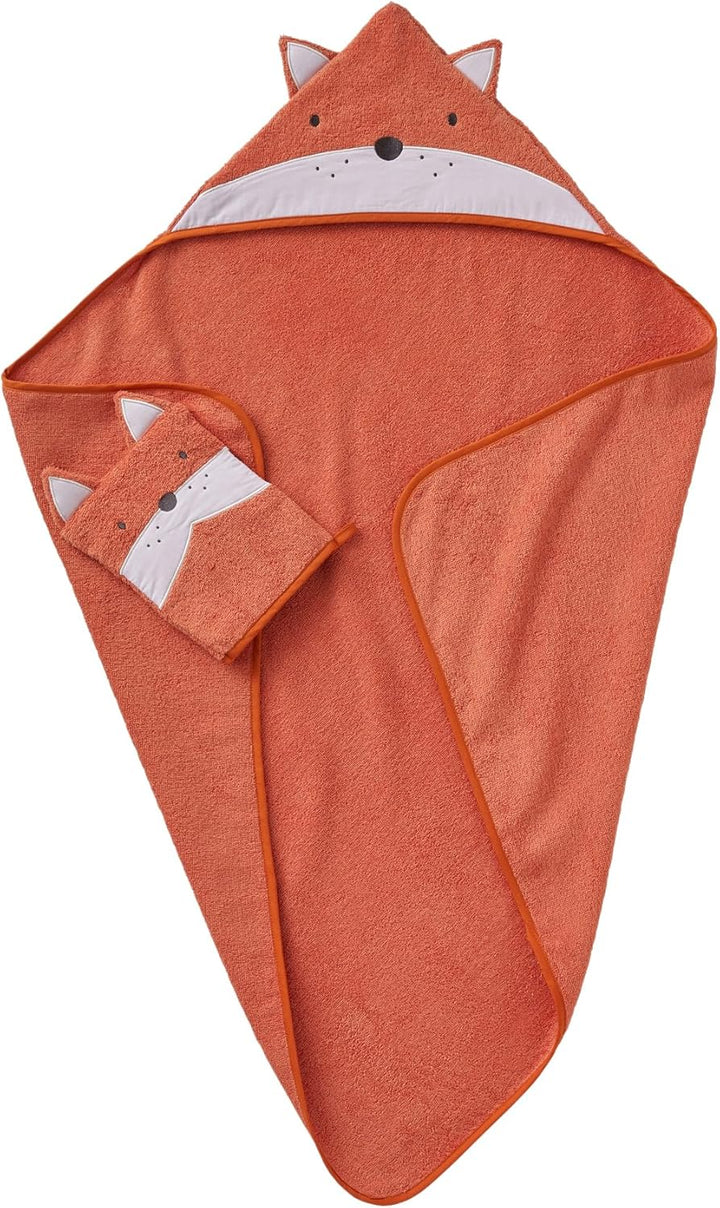 Vertbaudet Set aus Badetuch und Waschhandschuh,Fuchs orange/Fuchs 100X100