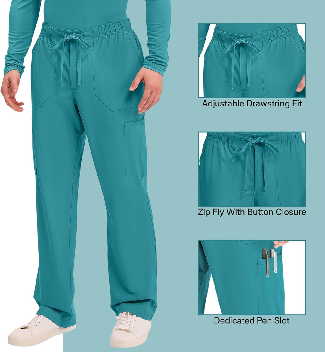 Workwear Professionals Men Scrubs Pant Tapered Leg Fly Front Cargo WW190, Blaugrün, Blau