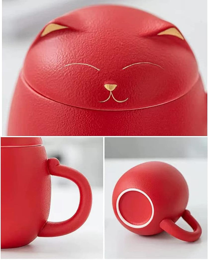 Katzenbecher mit Teesieb und Deckel, Niedliche Teetassen Kawaii-Tasse aus Keramik zum Ziehen, Handge