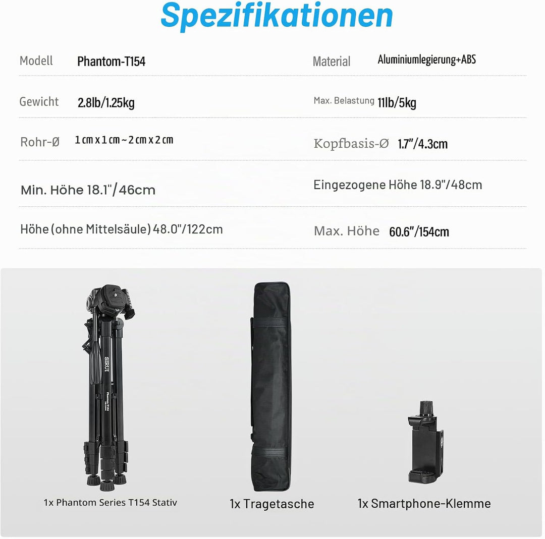 SIRUI Kamera Stativ 154cm, Aluminium Camera Tripod mit Telefonklemme Dreibein-Stative Fotostativ für