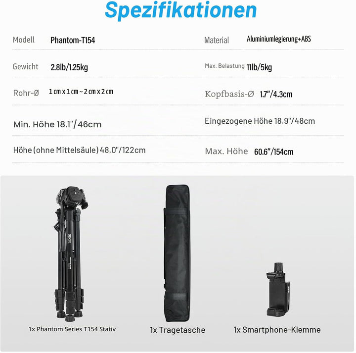 SIRUI Kamera Stativ 154cm, Aluminium Camera Tripod mit Telefonklemme Dreibein-Stative Fotostativ für