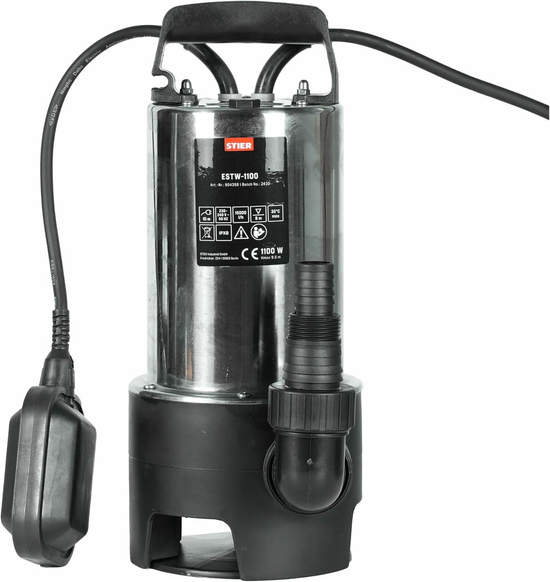 STIER Edelstahl Tauchpumpe Schmutzwasserpumpe ESTW-1100, 20.000 l/h, 11000 W, Edelstahlgehäuse, Schw