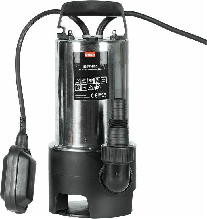 STIER Edelstahl Tauchpumpe Schmutzwasserpumpe ESTW-1100, 20.000 l/h, 11000 W, Edelstahlgehäuse, Schw