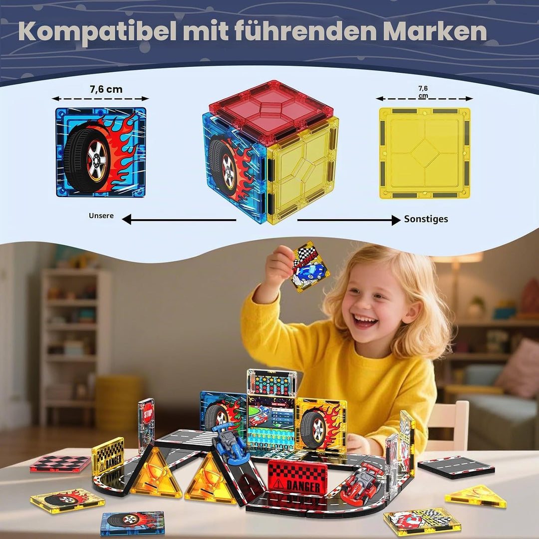 Magneverse Magnetische Bausteine Rennbahn Set mit 2 Autos – 34PCS Magnetbausteine Autorennen Spielze