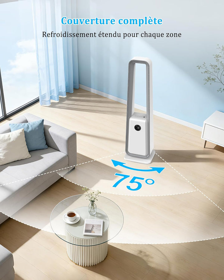 Rotorloser Turmventilator sehr leise mit Fernbedienung : 24 Geschwindigkeiten, 3 Modi, 75° Oszillati