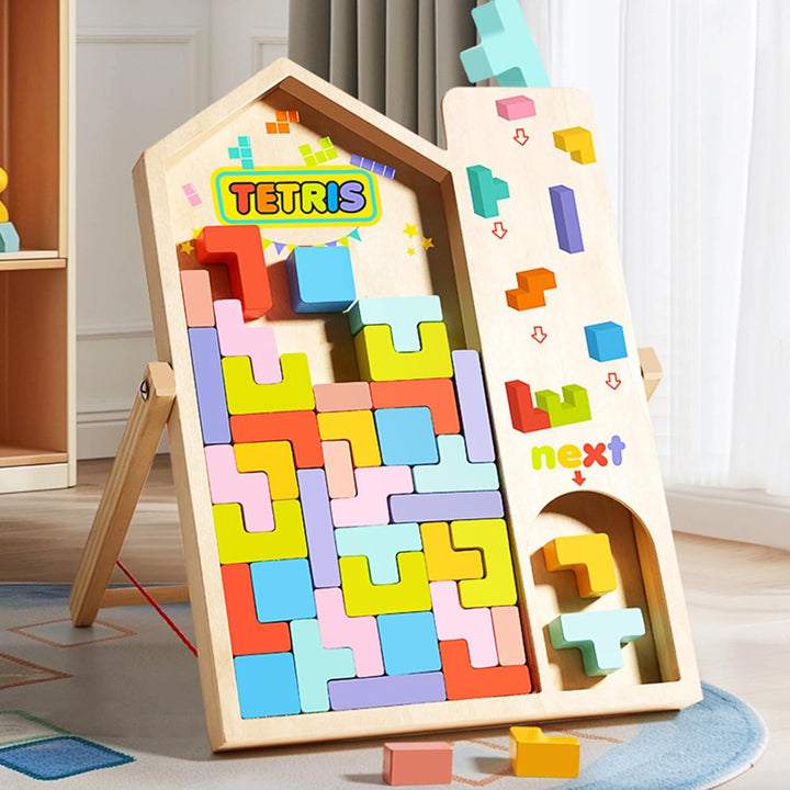 Montessori Tetris Holzspiel, Holz Tetris Stapelpuzzle mit Halterung, Eltern Kind Interaktives Holzpu