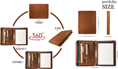 Konferenzmappe A4 Leder Schreibmappe, 2 Ringbinder Mappe Organizer mit a4 Klemmbrett/Reissverschluss