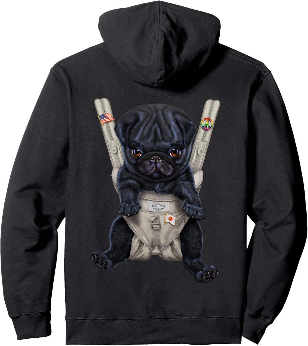 Schwarzer Mops in der Babytrage Pullover Hoodie