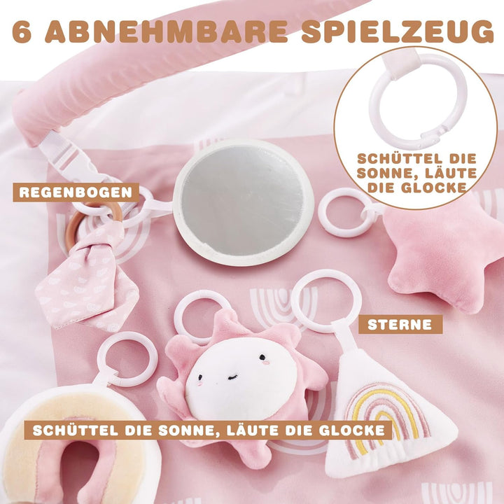 Mallify Spielbogen Baby Mädchen, Krabbeldecke für Baby mit 6 abnehmbaren sensorischen Spielzeugen un