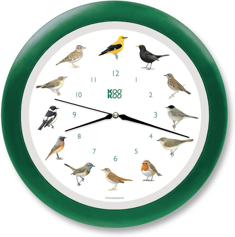 KOOKOO Singvögel Quarzwerk Grün, Die Singende Vogeluhr, runde Wanduhr mit natürlichen Vogelstimmen,