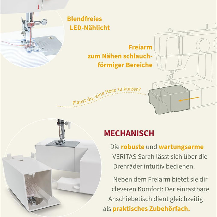 VERITAS Sarah - Mechanische Nähmaschine für Näh-Anfänger &amp; Einsteiger mit 13 Stichprogrammen, Freiar