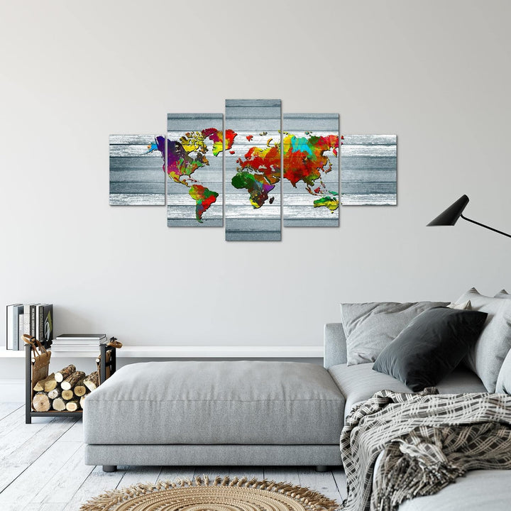 Runa Art Bild Büro Wohnzimmer Weltkarte 5 Teilig Kontinente Holz Bunt Wandbilder auf Vlies Leinwand