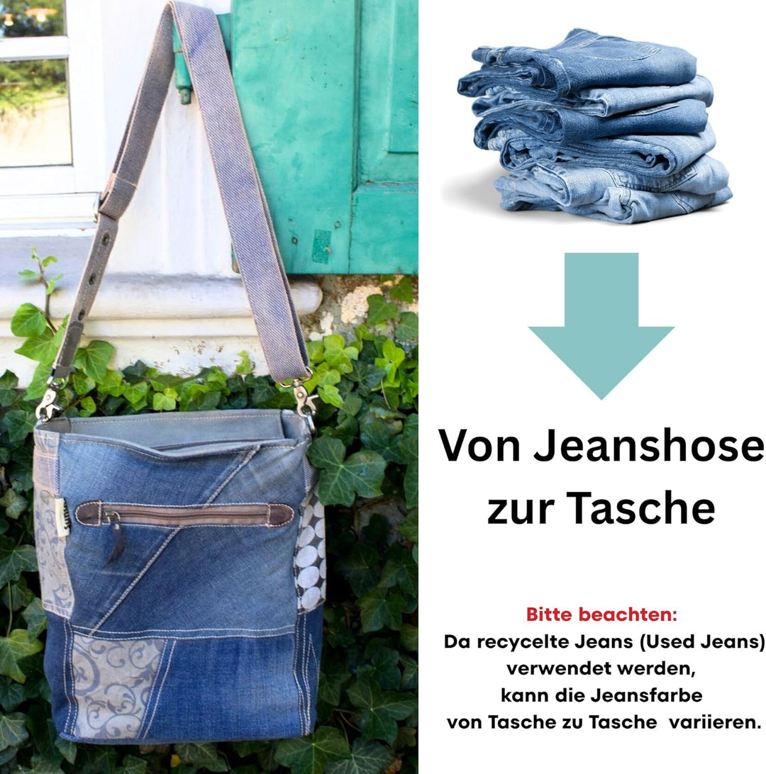 Sunsa Damen Blaue Umhängetasche. Grosse Canvas Schultertasche. Crossbody Bag aus recycelte Jeans. Na