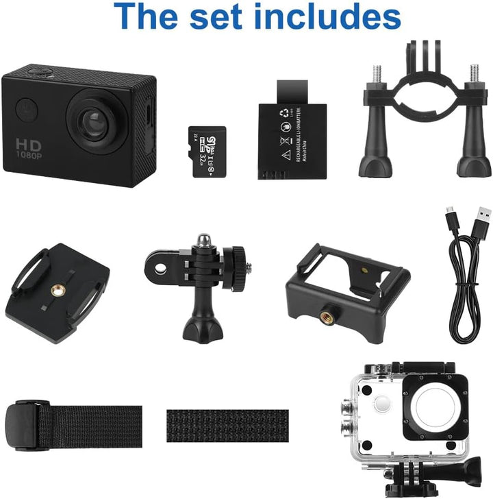 Action cam mit 32G Karte, HD 1080P30FPS Unterwasserkamera 30m Wasserdicht mit 900mAh Akkus, 140° Ult