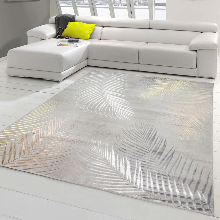 Teppich-Traum Designer Teppich Flur Wohn- &amp; Schlafzimmer • hell-dunkel Effekt Palmenzweige grau Gold