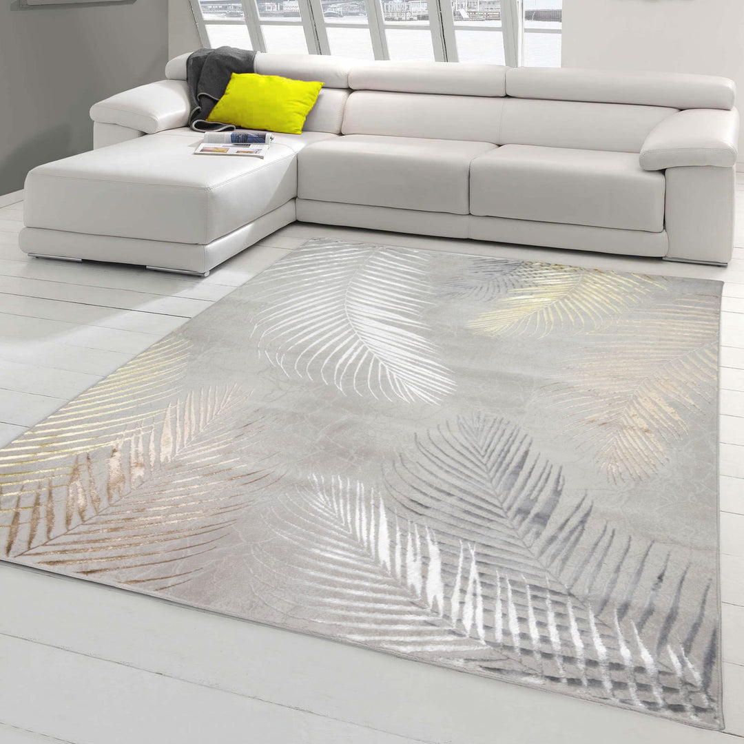 Teppich-Traum Designer Teppich Flur Wohn- & Schlafzimmer • hell-dunkel Effekt Palmenzweige grau Gold
