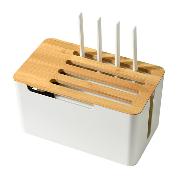 Buachois Kabelmanagement Box mit Holz Deckel und Regal, 31 x 18 x 16,5cm Weiss Kunststoff Kabelbox G