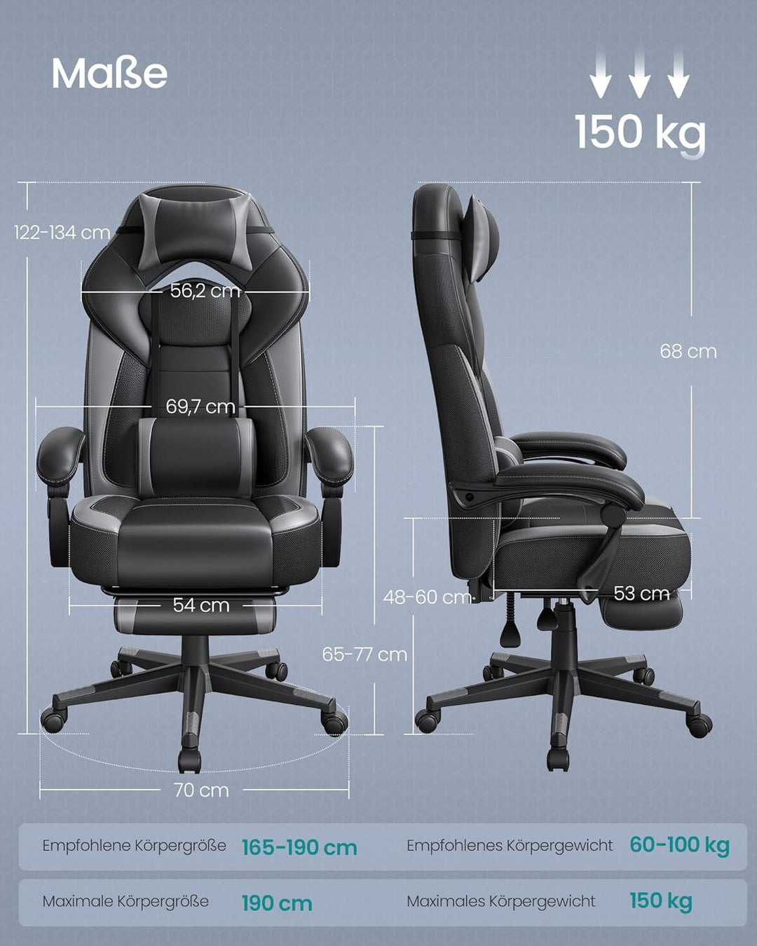 SONGMICS Gaming Stuhl, Bürostuhl mit Fussstütze, Schreibtischstuhl, ergonomisches Design, verstellba