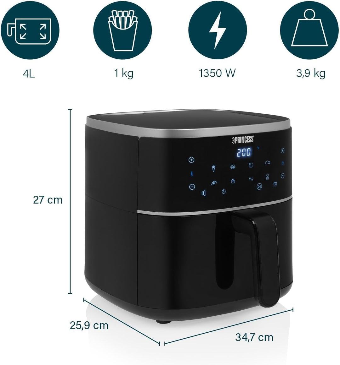 Princess Digitale Heissluftfritteuse – Füllmenge des Behälters variierbar – 4 L maximal – 6 voreinst