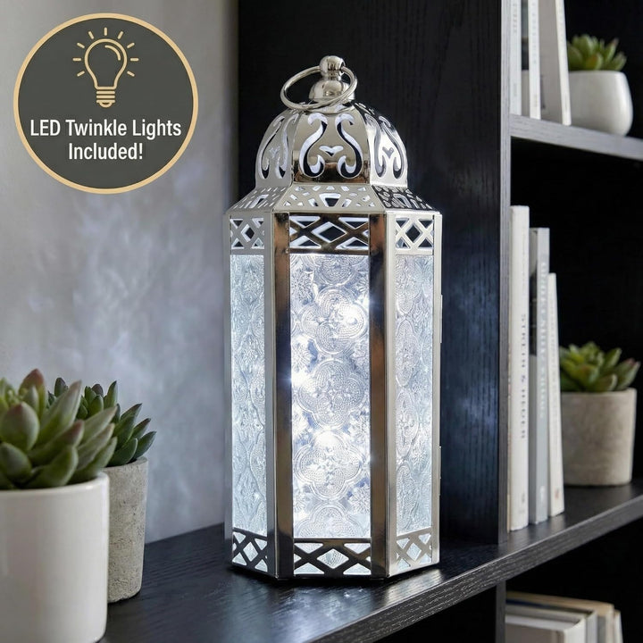 Dekorativer Kerzen-Laternenhalter mit LED-Lichterketten, Weissgold, Medium | Hochzeitstischdekoratio