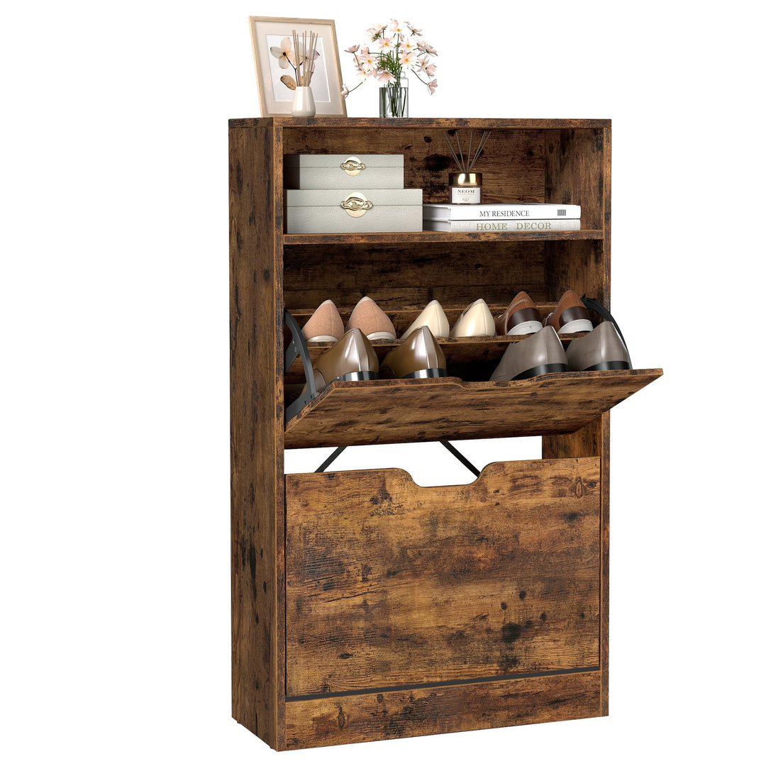 VASAGLE Schuhschrank 2 Klappen, Schuhkipper, Schuhregal, Schuhaufbewahrung, offenes Fach, Trennwand