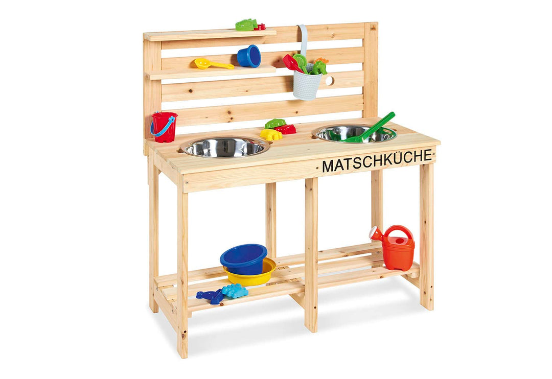 PINOLINO 221011 Matschküche Paul, unbehandelt, vollmassives Holz, Durchlass für einen Gartenschlauch
