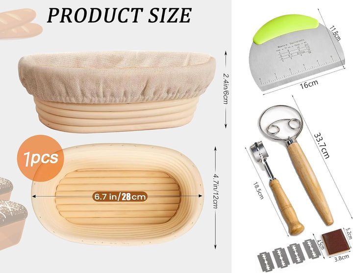 9-teilig Gärkorb Brot Set,25cm Gärkörbchen zum Brotbacken, Sauerteig Starter Set, Einschliesslich Te