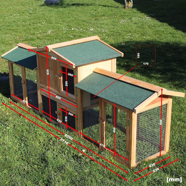 Wiltec XXL Hasenstall 2110 x 530 x 835 mm mit Freilaufgehege und erhöhtem Unterschlupf aus Kiefernho