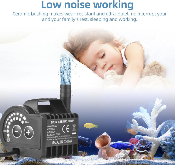 Elektrische Wasserpumpe, QR70L 5V 6.2W 0-400L/H Mikro Tauchwasserpumpe, 8 Stufen Einstellbar Drehzah