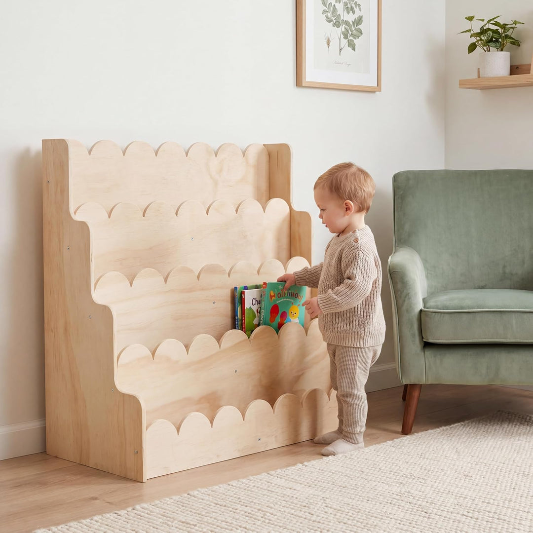 Kinderbuchregal aus Holz mit Wellenkanten, Frontal-Bücherregal mit 5 Ebenen | Stabiler Kinder-Buchst