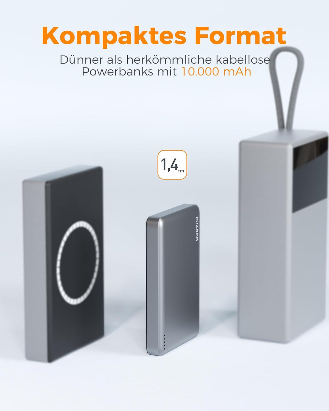 CHARCO Wireless Powerbank 10000mAh Magnetische Power Bank mit 20W USB-C Schnellladen (IN/Out), kabel