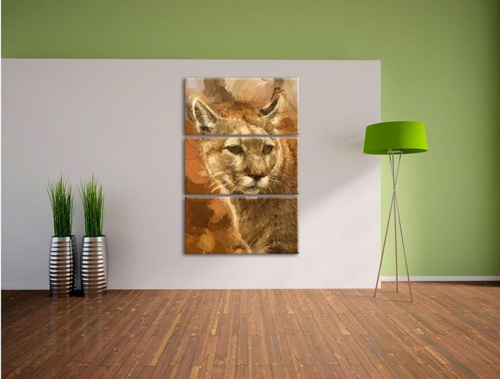 Pixxprint schöner Berglöwe Kunst Pinsel Effekt 3-Teiler Leinwandbild 120x80 Bild auf Leinwand