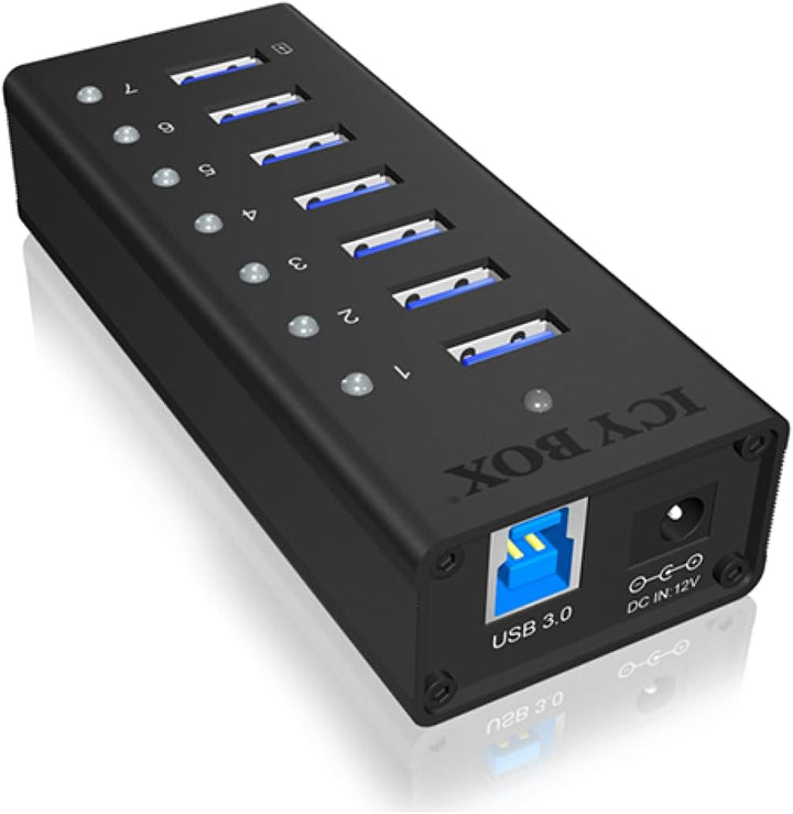 Icy Box IB-AC618 7-fach USB 3.0 Hub mit 12 V / 3 A Stromadapter, Aluminiumgehäuse und USB-Ladeport s
