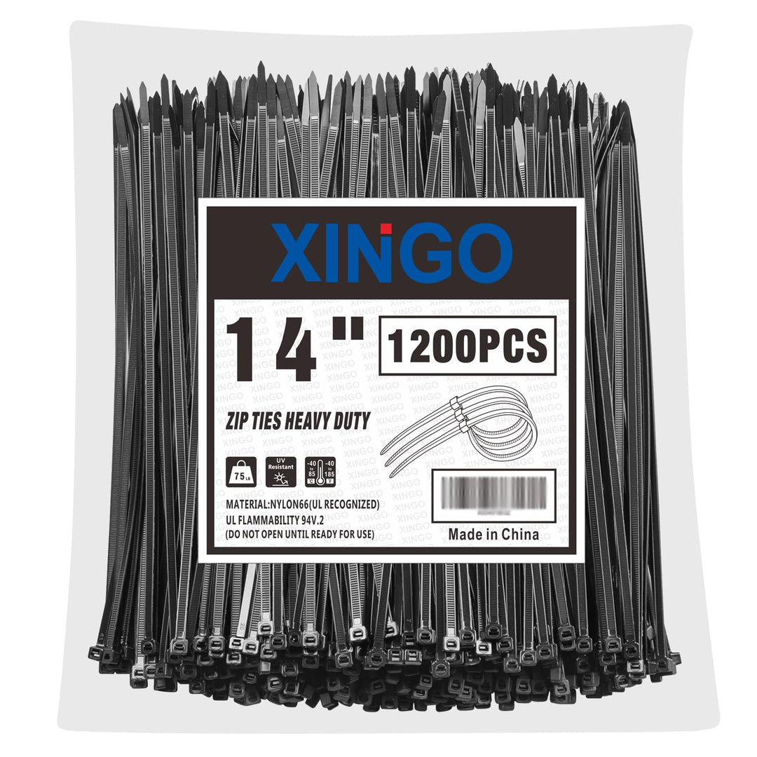XINGO 1200 Stück Kabelbinder Schwarz, 350mm x 5.8mm, 37kg Zugfestigkeit, UV-beständig, Selbstsichern