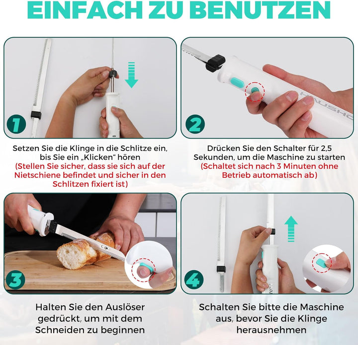 HAUSHOF Elektromesser, Kabelloses Küchenmesser mit 2 Edelstahlklingen, Elektrisches Messer mit Gabel