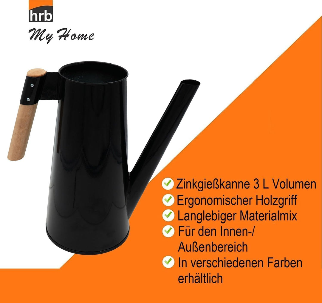 HRB Zinkgiesskanne 3 L mit Holzgriff für den Aussen-/Innenbereich, Giesskanne feuerverzinkt, Metallg