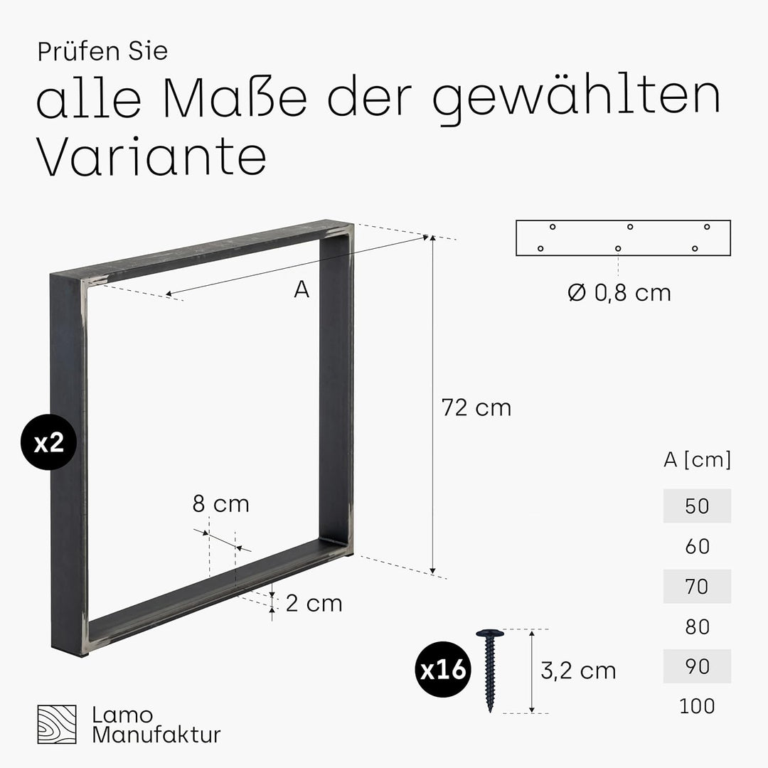LAMO Manufaktur Tischbeine für Schreibtisch Esstisch, Simple Massive, Vierkantprofil 80x20 mm, Tisch
