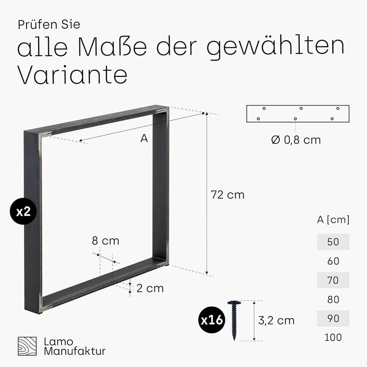 LAMO Manufaktur Tischbeine für Schreibtisch Esstisch, Simple Massive, Vierkantprofil 80x20 mm, Tisch
