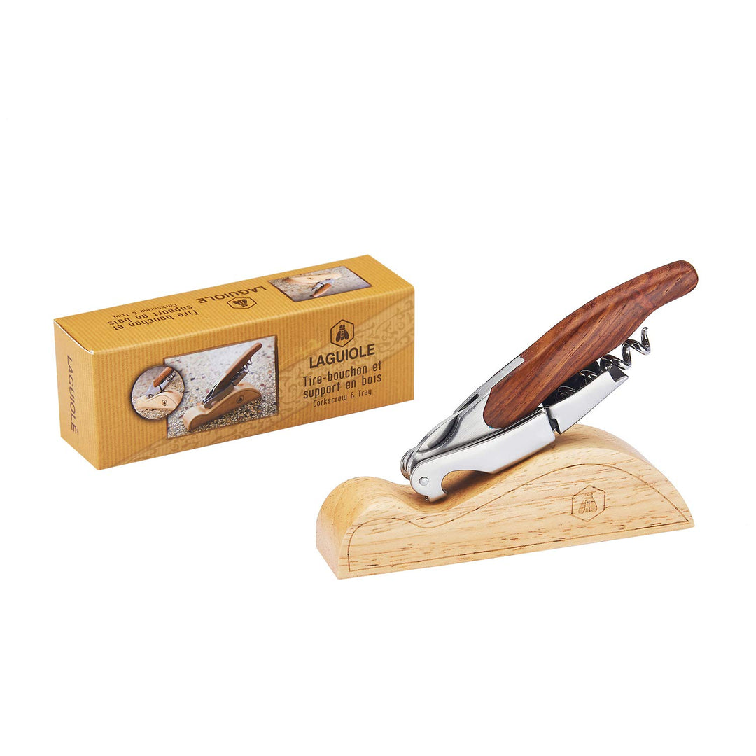 LAGUIOLE - Sommelier Doppelhebel - Edelstahl - Holzgriff - Holzpräsentationshalter - Messer mit Kork