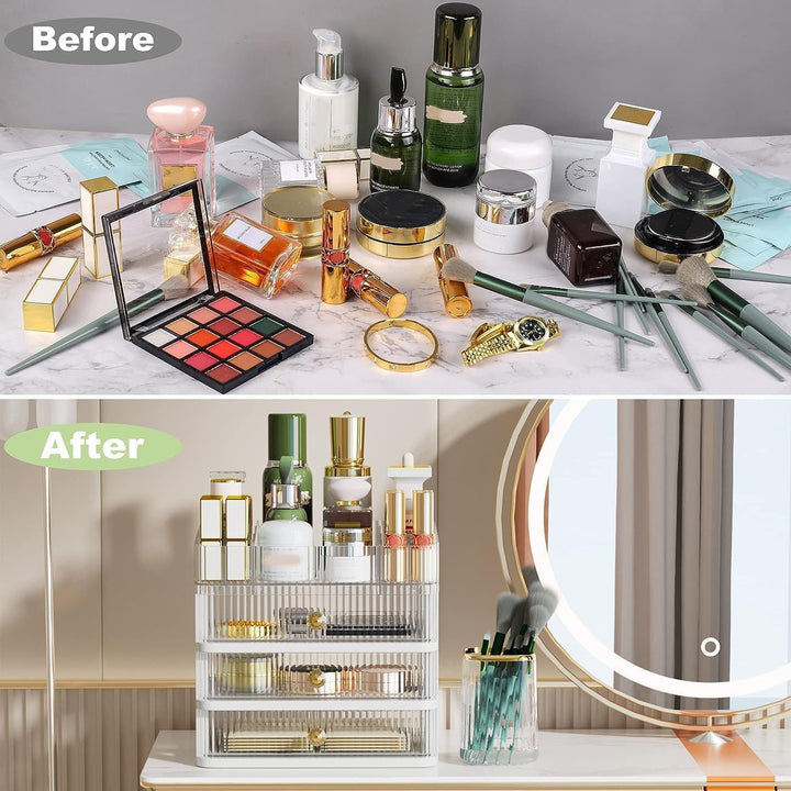 Make-up-Organizer mit 3 Schubladen – Stapelbarer Acryl Kosmetik-Organizer mit herausnehmbarem Tablet