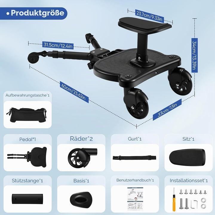 Mevip Buggy Board mit Sitz, Trittbrett Mitfahrbrett universal, Kinderwagen Board mit Kinderwagen Org