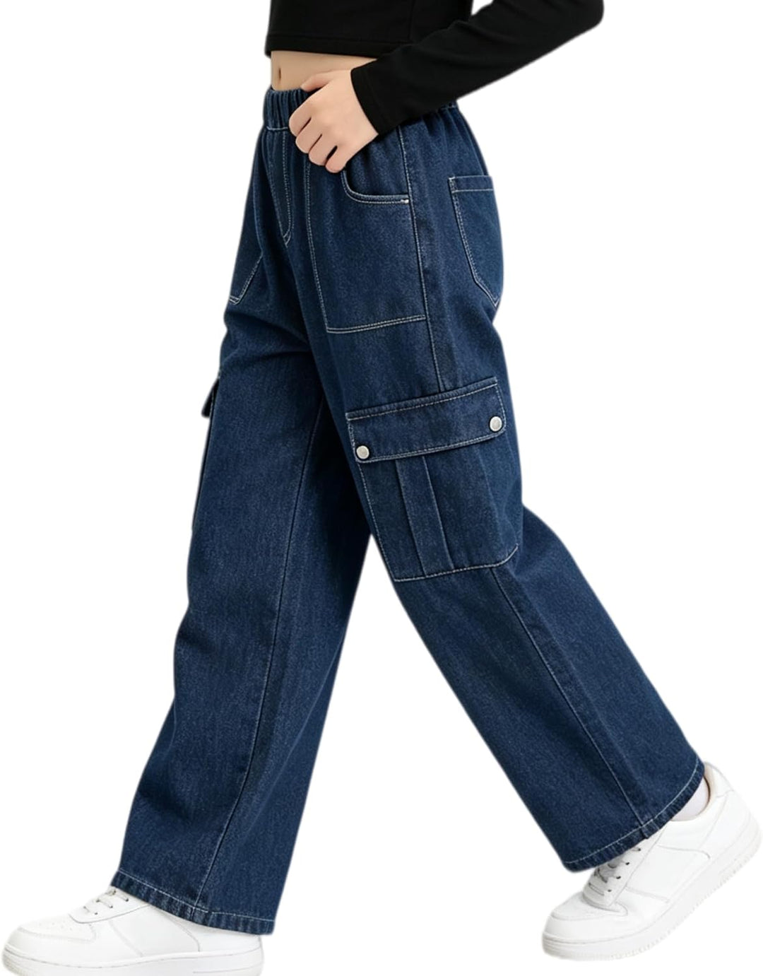 Rolanko Mädchen Jean Hosen Loch Denim Blau Jeans, Vintage Hose mit weitem Bein für Kinder Fit 6-7 Ja