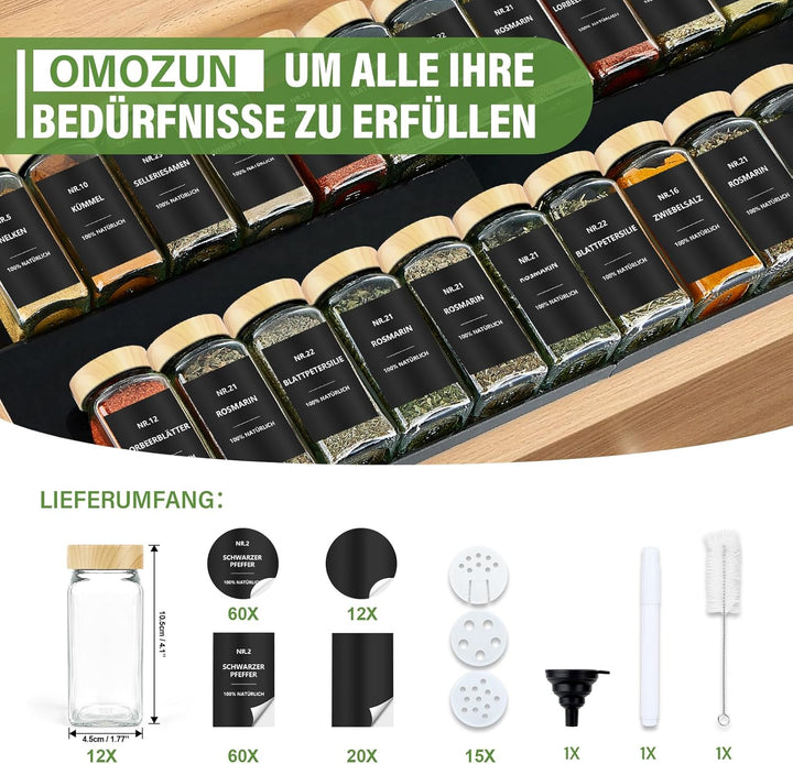 Gewürzgläser Eckig mit Etiketten Set 12er: Kleine Gewürzdosen Glas 120ml mit Streueinsatz Wasserfest