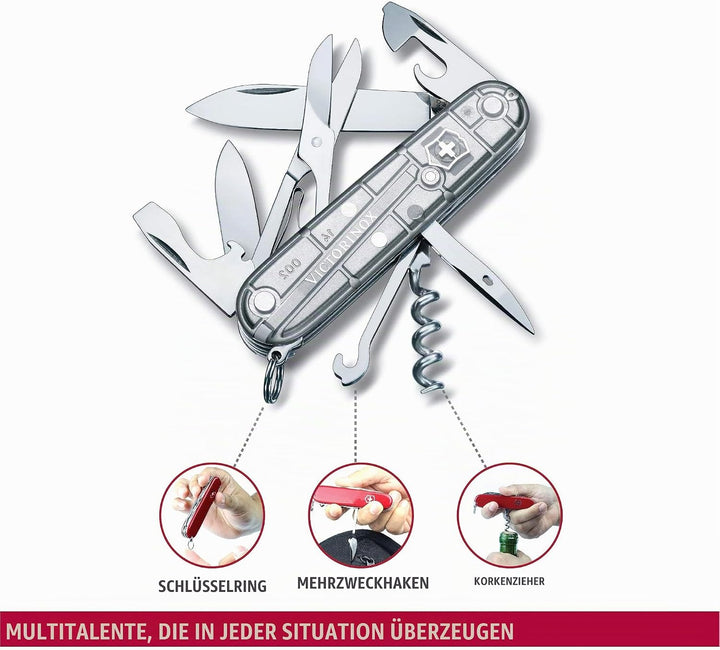 Victorinox Taschenmesser Climber (14 Funktionen, grosse Klinge, Kapselheber) 91mm Silber Transparent