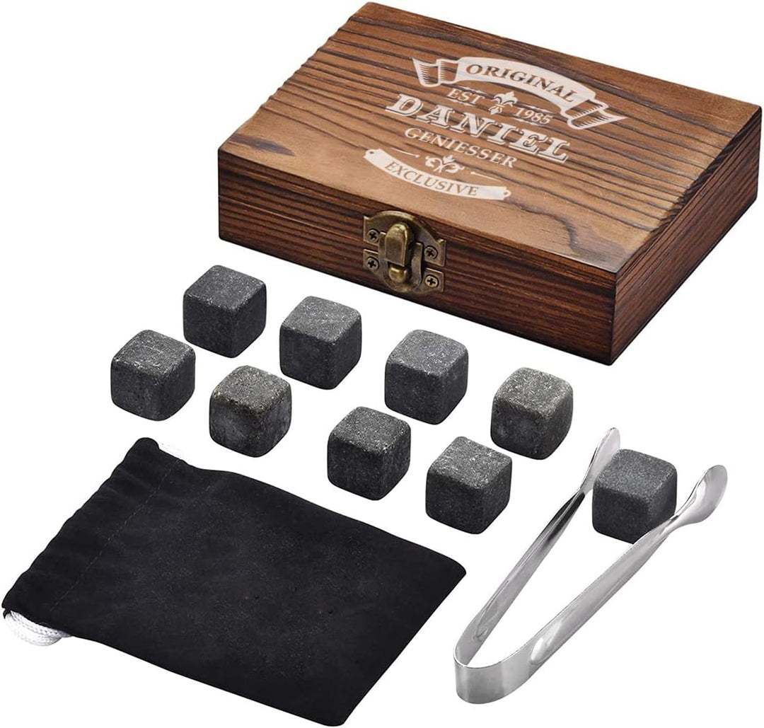 5-TLG Whisky Kühlsteine Set - Holzkiste und Whisky Tumbler mit Wunschgravur - 9x Kühlsteine, 1x Zang