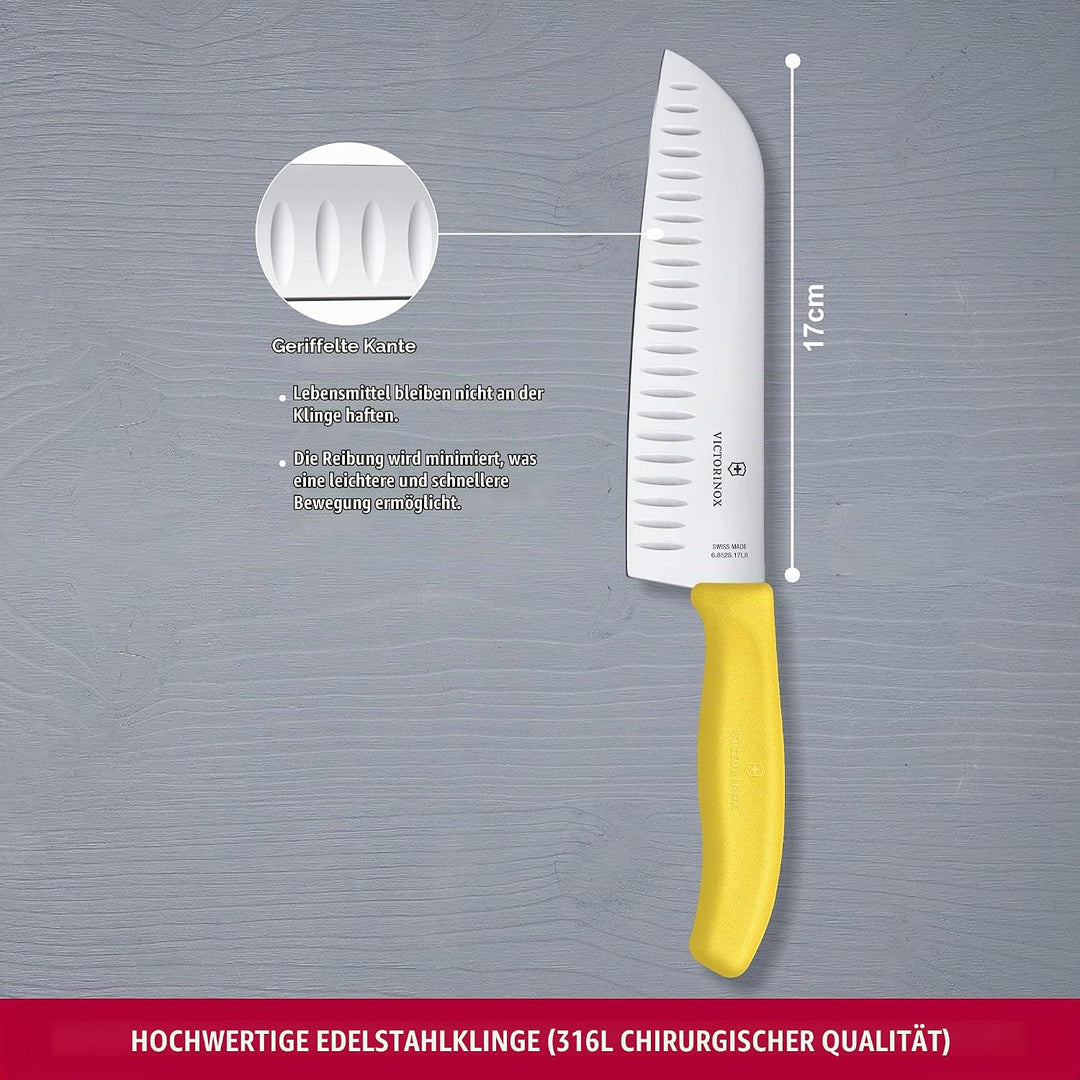 SwissClassic, Santokumesser, Kullenschliff, 17 cm, gelb, Blister Gelb Blister-Verpackung, Gelb|Blist