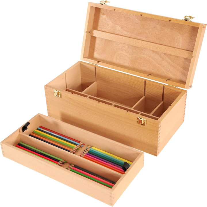 VISWIN 40 x 20 x 15.5 cm Grosse Kunstaufbewahrungsbox, Doppellagige Werkzeugkiste aus Massivem Buche
