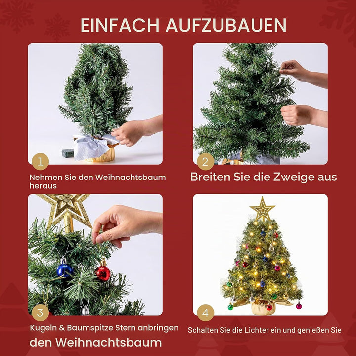 JOIEDOMI Kleiner Weihnachtsbaum mit Lichtern, 61 cm, Tisch-Weihnachtsbaum mit Sternen-Baumspitze und